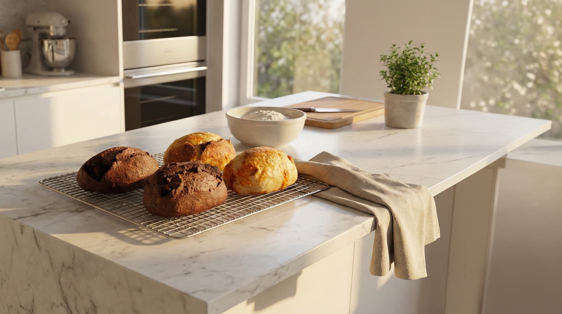 A set of small sourdough loaves on a marble kitchen island