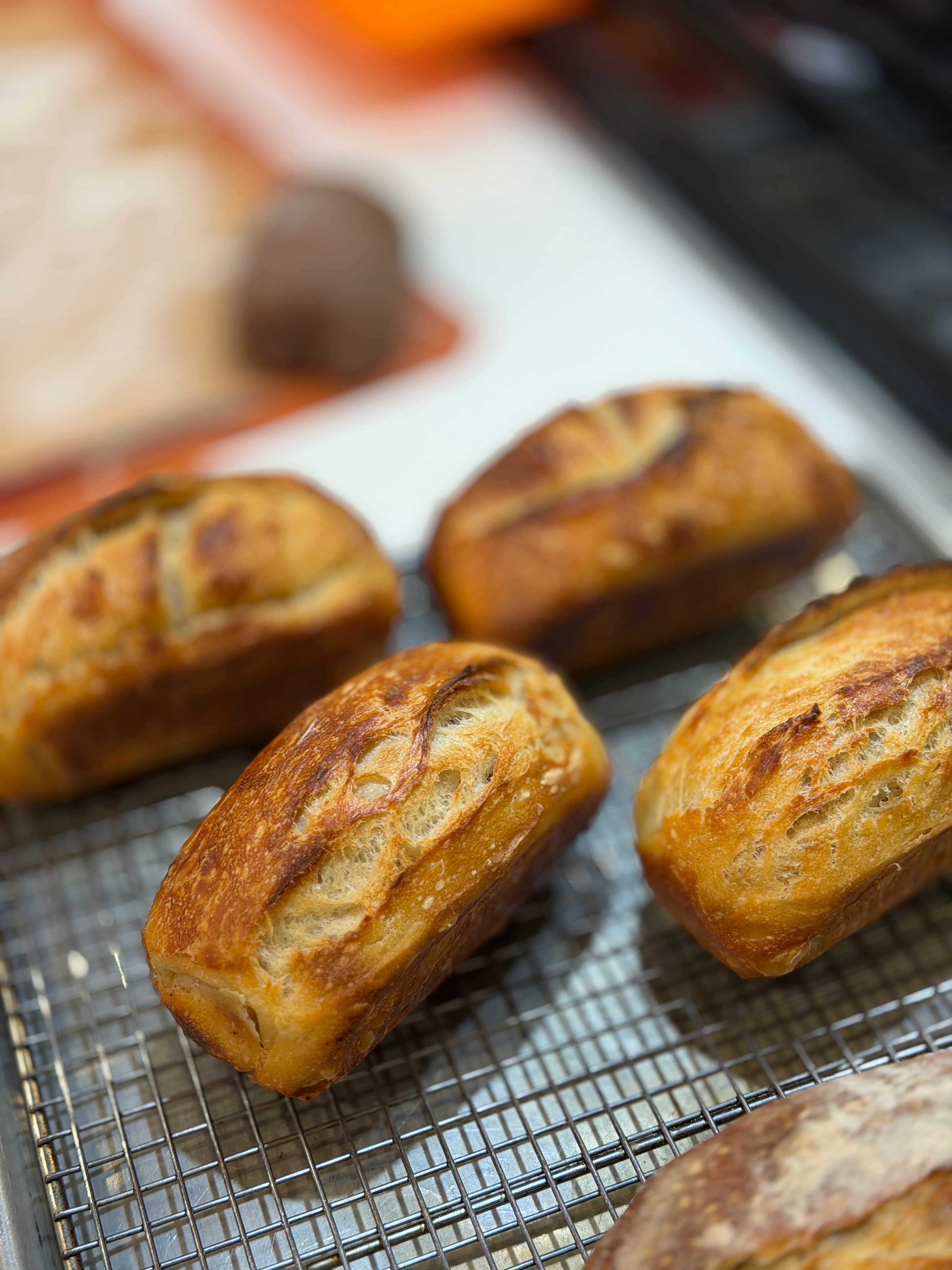 Sourdough loaves on a cooling rack
