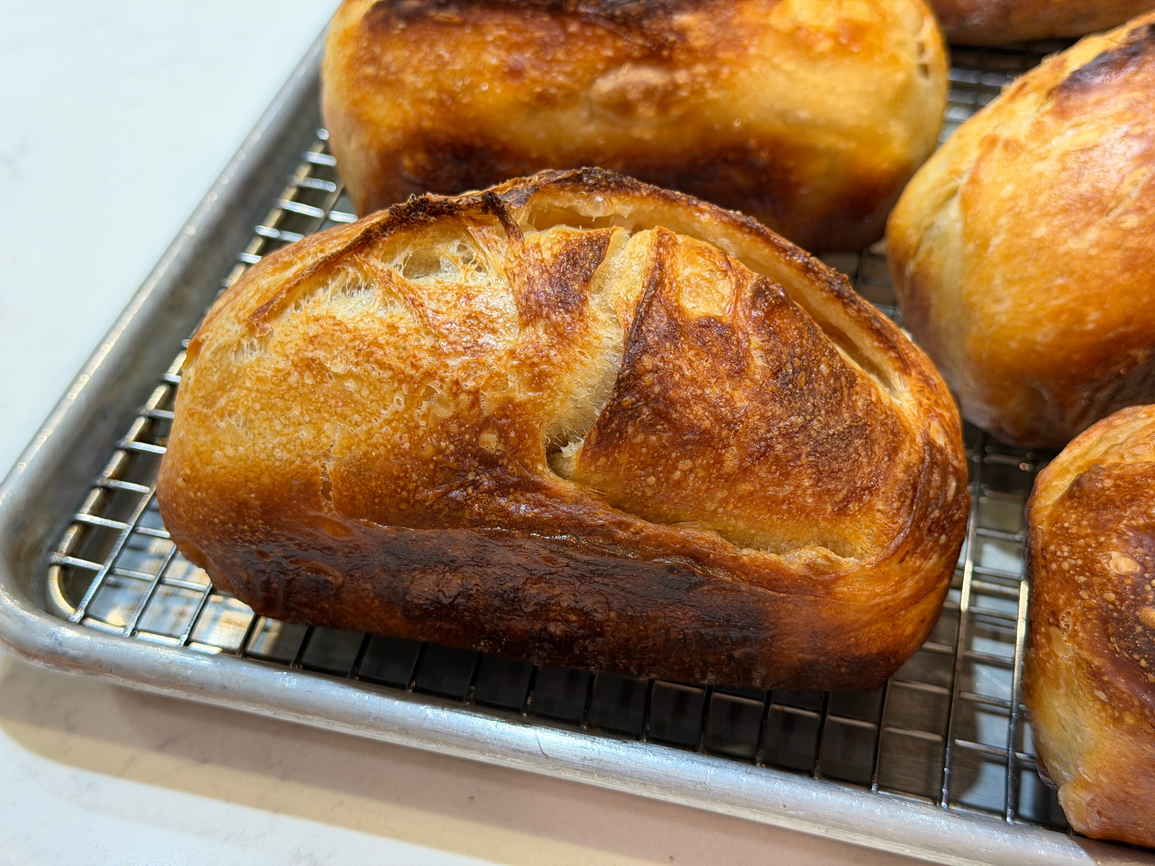 Golden sourdough batards on a cooling rack